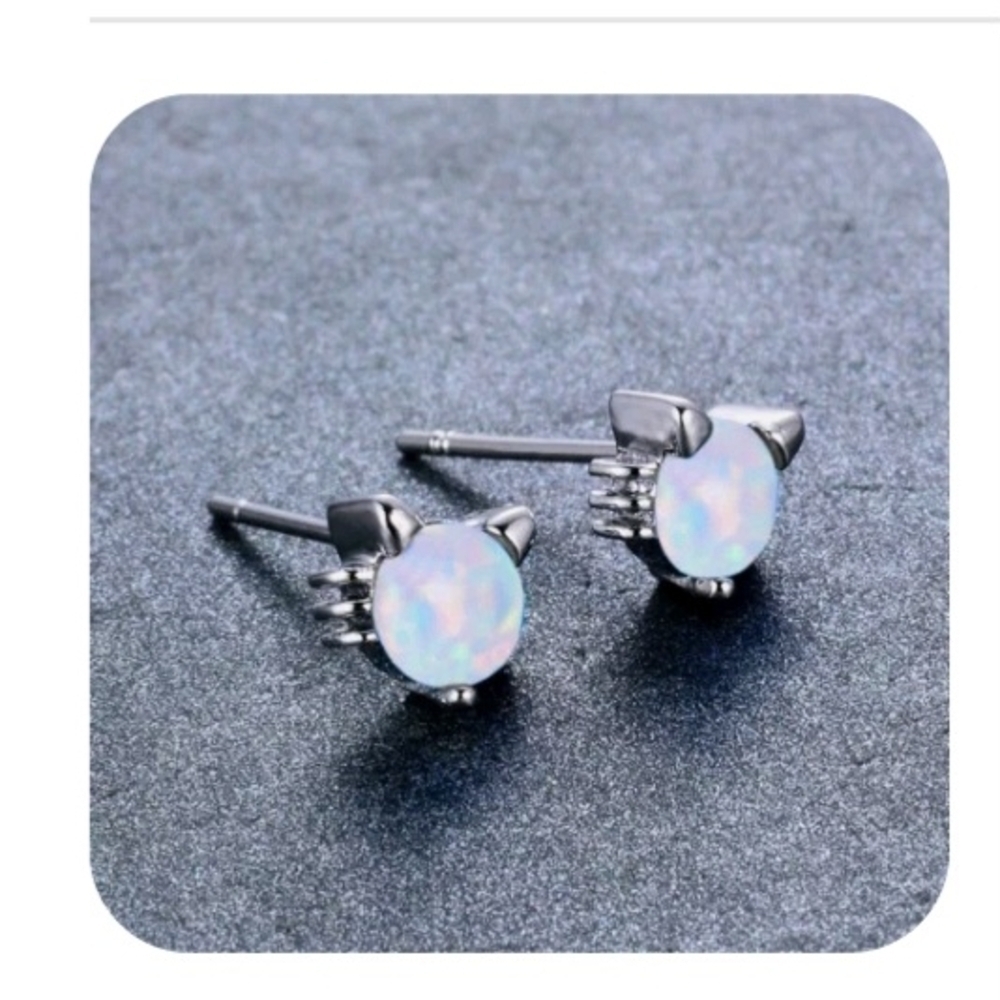 Whimsical Silver and White Opal Earrings with Cat Design